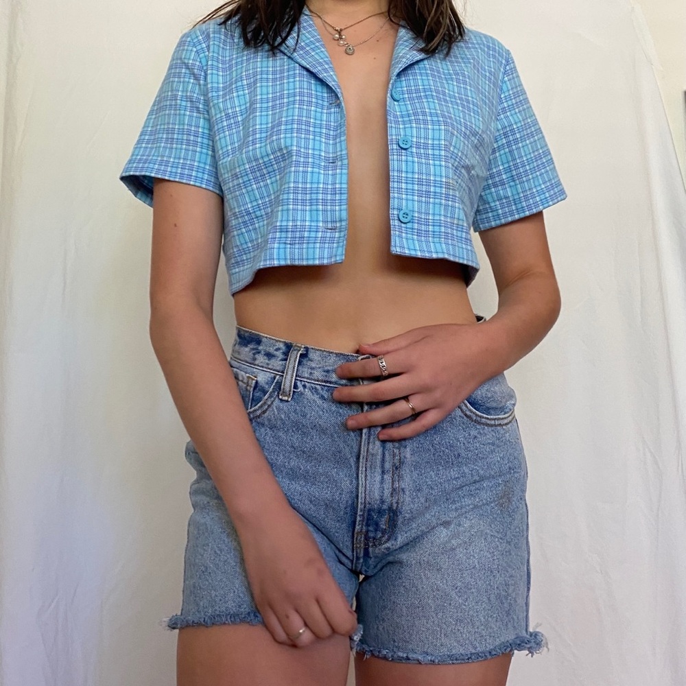 Brandy Melville cropped blue plaid button down top